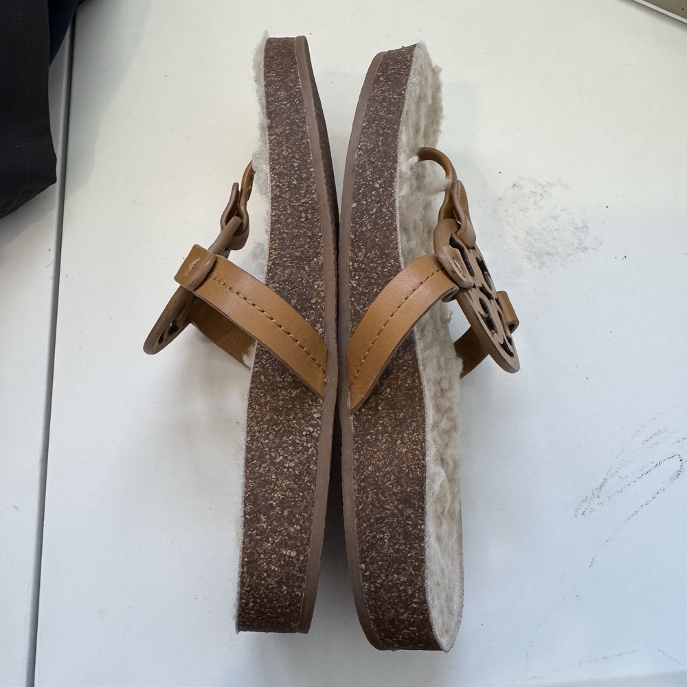 Tory Burch Miller Cloud Shearling Slide Sandals Size 7 Camel EUC Cork Footbed - Picture 7 of 9
